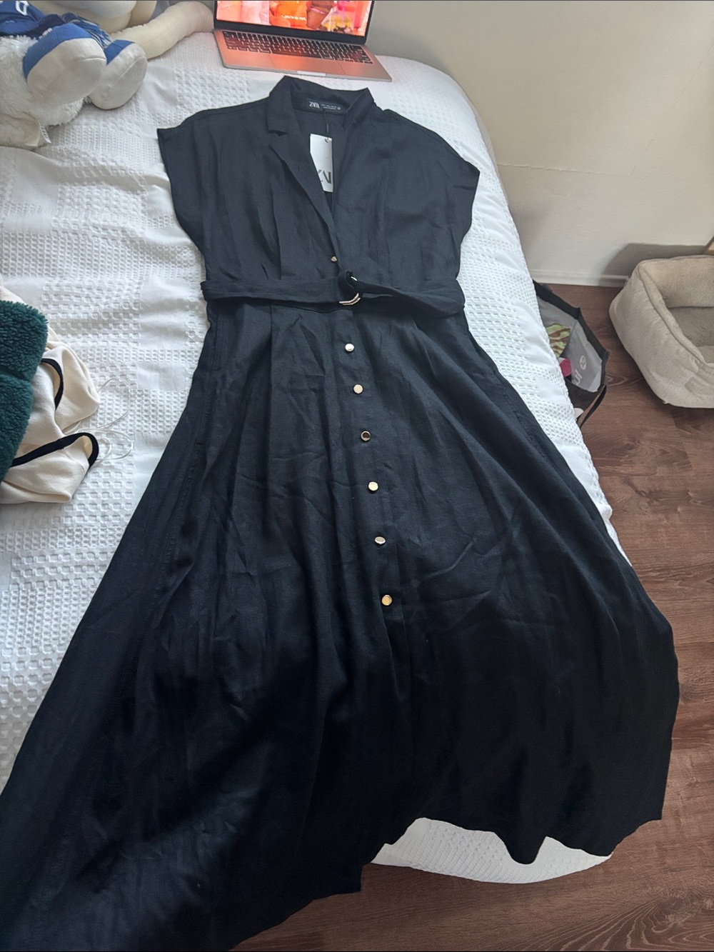 Zara Black Button-Down Maxi Dress with Waist Tie